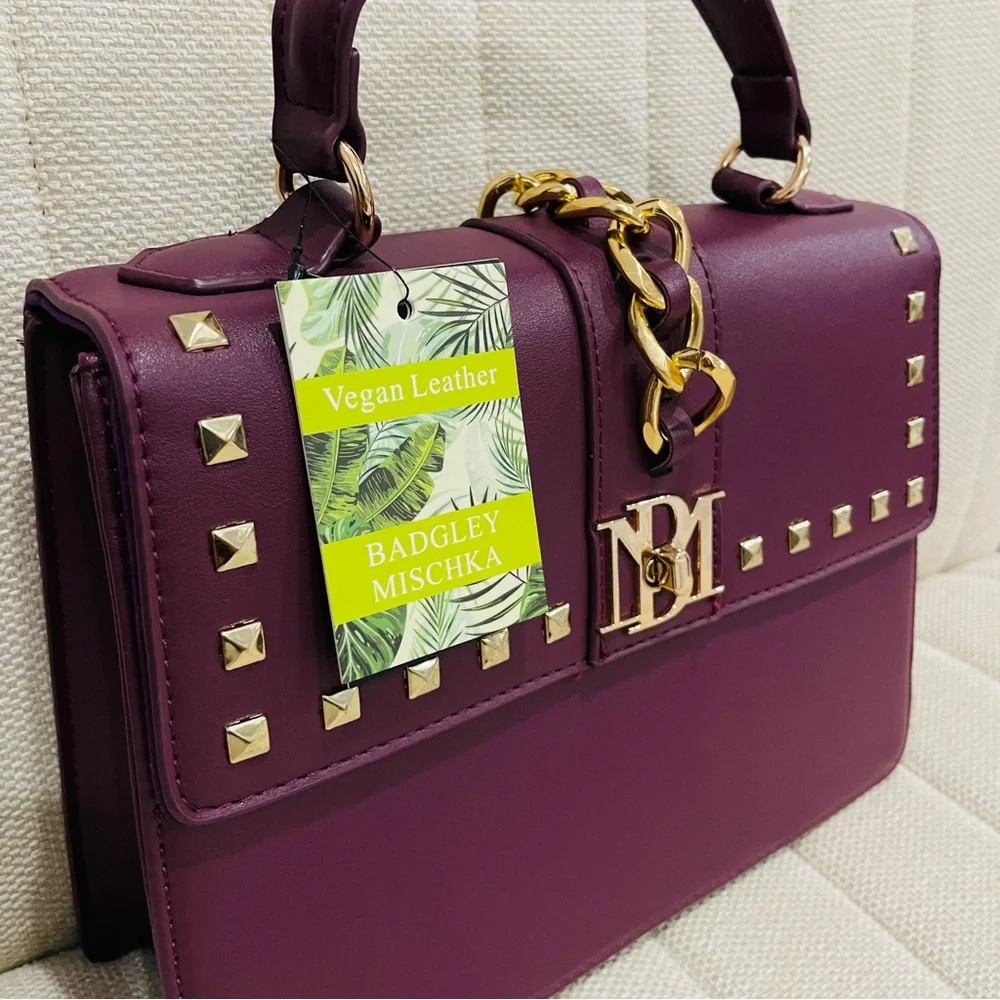 NEW Badgley Mischka Plum Vegan Leather Studded Top Handle‎ Satchel Crossbody Bag